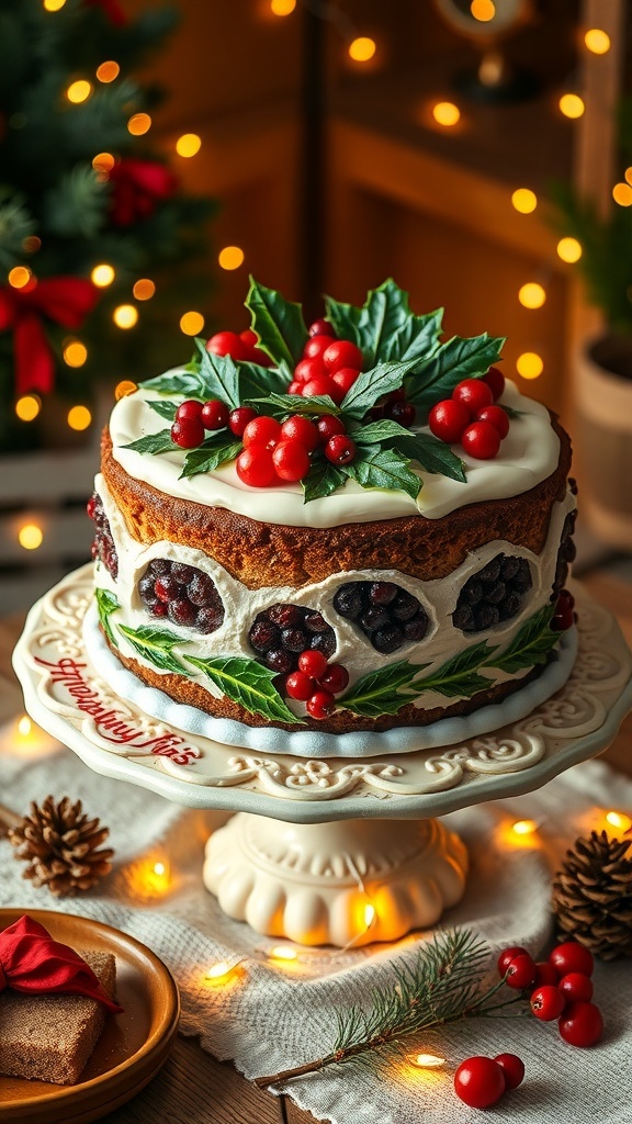 Elegant Christmas Fruit Cake Recipe An elegant Christmas fruit cake decorated with marzipan and icing, garnished with holly, on a festive table.